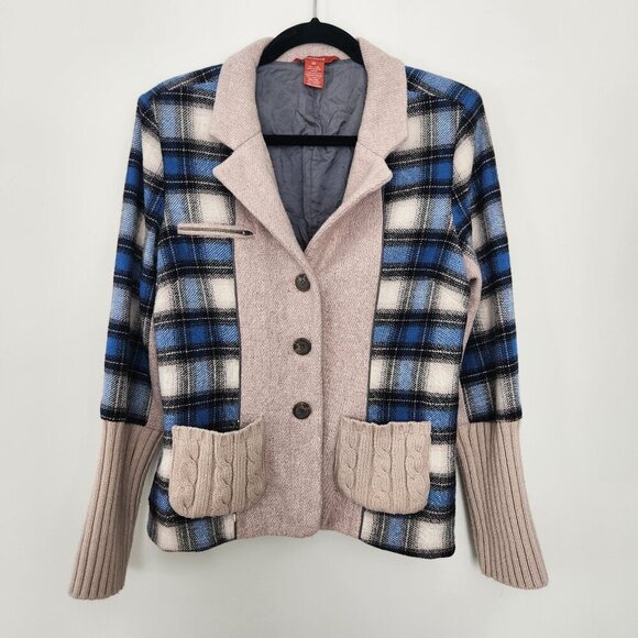 Sundance Jackets & Blazers - Sundance Cardigan Sweater Jacket Womens 10 Blue Oatmeal Plaid Wool Blend Blazer